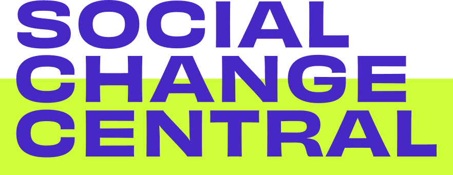 Social Change Central logo in purple text and green background accent